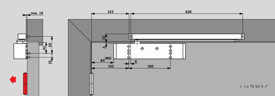 Dorma TS99B, Σούστα επαναφοράς πόρτας με ρυθμιζόμενη δύναμη 2-5 με συρόμενο μπράτσο